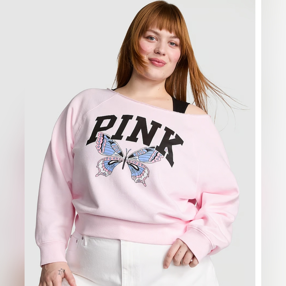 PINK VS Ivy Fleece Off-The-Shoulde Sweatshirt. Limited Edited Pink Tulip. Size S